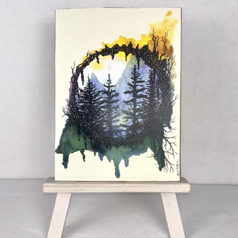 Vanda Guthrie Serenity #7 Whimsical Watercolor Ink Landscape Pine Trees Mountain